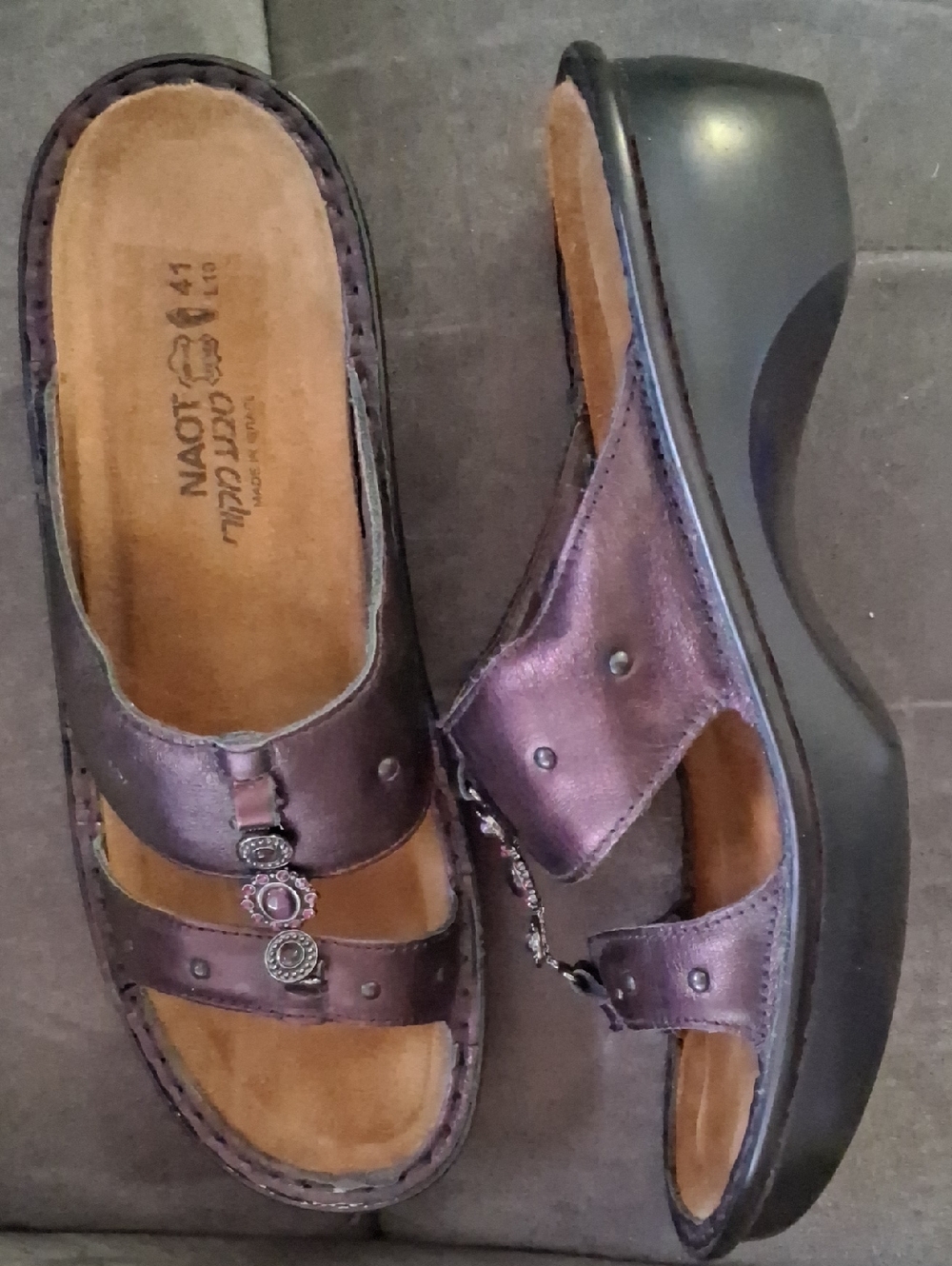 Naot Purple Metallic Leather Embellished Slip On Sandals Size EU 41